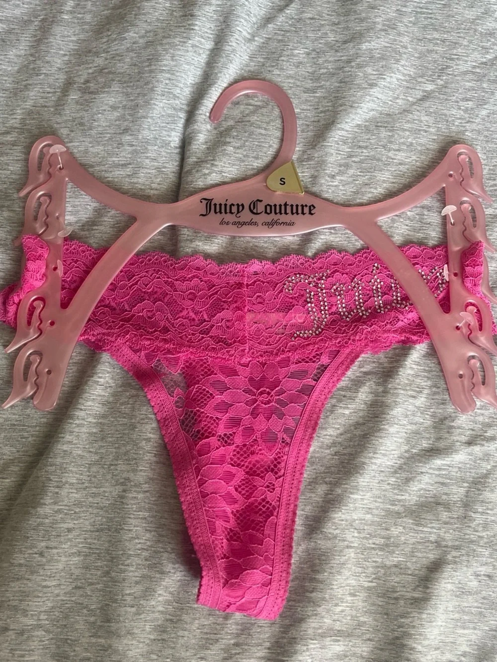 Juicy Couture Bright Pink Lace Crystal-Logo Thong